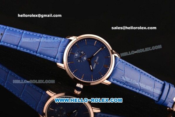 Ulysse Nardin Classico Miyota OS2035 Quartz Rose Gold Case with Stick Markers Blue Dial and Blue Leather Strap - Click Image to Close